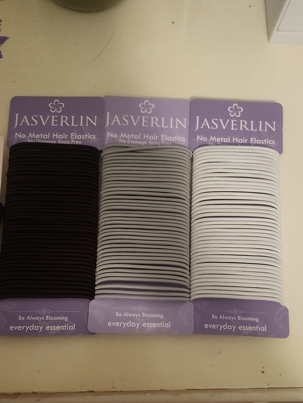 JASVERLIN No Metal Hair Elastics - Black, Gray, White (3 Pack)